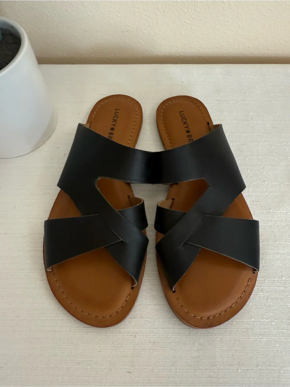 New Lucky Brand Black Slide Sandals with Tan Footbed